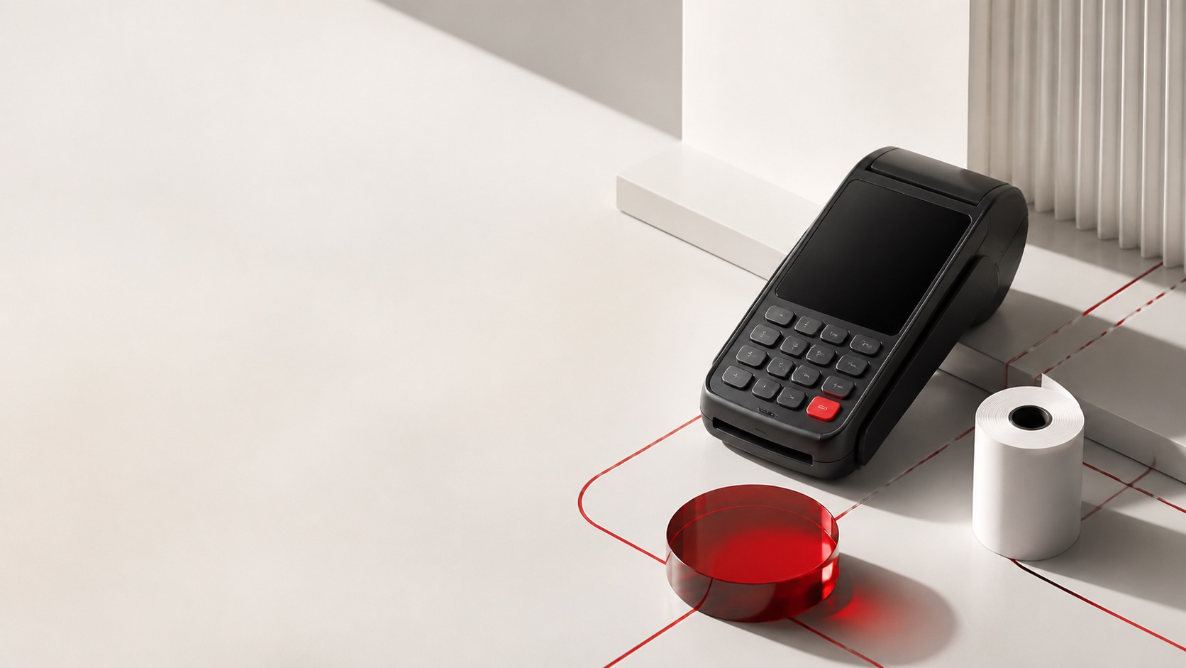 Abstract payment terminal, receipt roll, and red data token in an editorial commerce setting